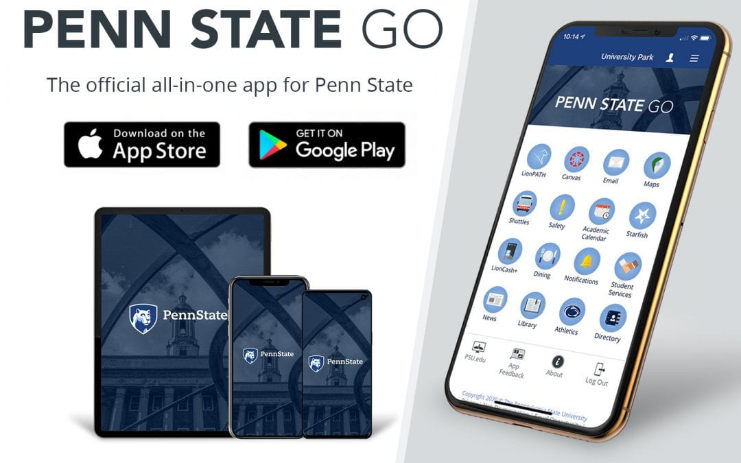 Penn State Go with download logos for Apple Store and Google Play Store