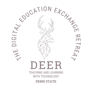 A logo of deer with text around it. The Digital Education Exchange Retreat, Penn State Teaching and Learning with Technology May 2023
