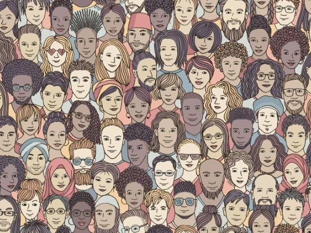 A hand-drawn picture of a diverse crowd of people and faces from various ethnicities. Credit: Franzi draws from Adobe Stock.. All Rights Reserved.
