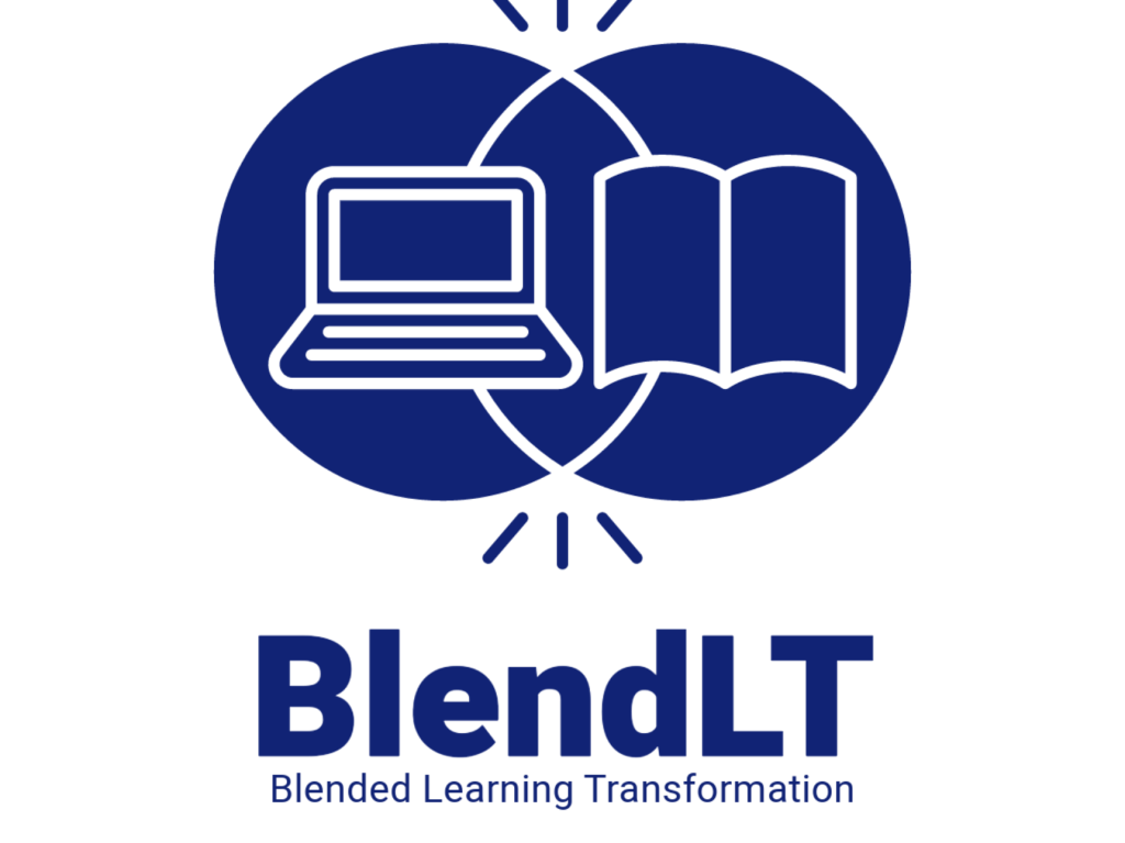 The image features a logo with the text "BlendLT" prominently displayed, which stands for Blended Learning Transformation. The design symbolizes the integration of technology and traditional learning methods, with a laptop and an open book illustrated side by side within a circle. Rays emanate from the point where the book and laptop meet, suggesting the enlightening fusion of these elements in educational transformation. Credit: Marilyn Goodrich, Instructional Designer, Teaching and Learning with Technology. All Rights Reserved.