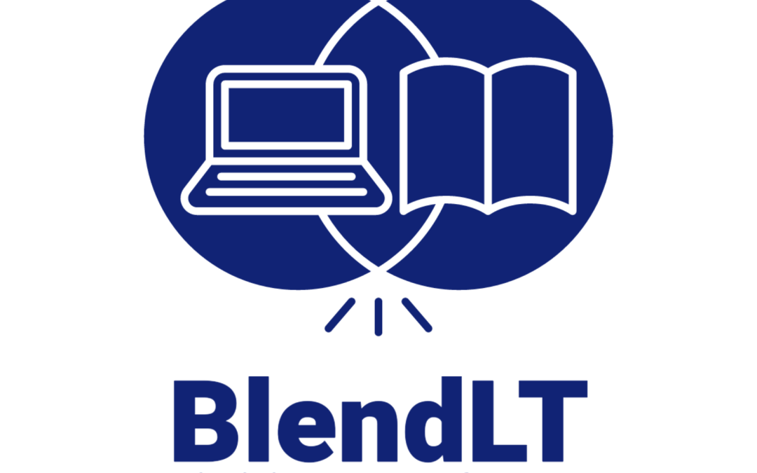 The image features a logo with the text "BlendLT" prominently displayed, which stands for Blended Learning Transformation. The design symbolizes the integration of technology and traditional learning methods, with a laptop and an open book illustrated side by side within a circle. Rays emanate from the point where the book and laptop meet, suggesting the enlightening fusion of these elements in educational transformation. Credit: Marilyn Goodrich, Instructional Designer, Teaching and Learning with Technology. All Rights Reserved.