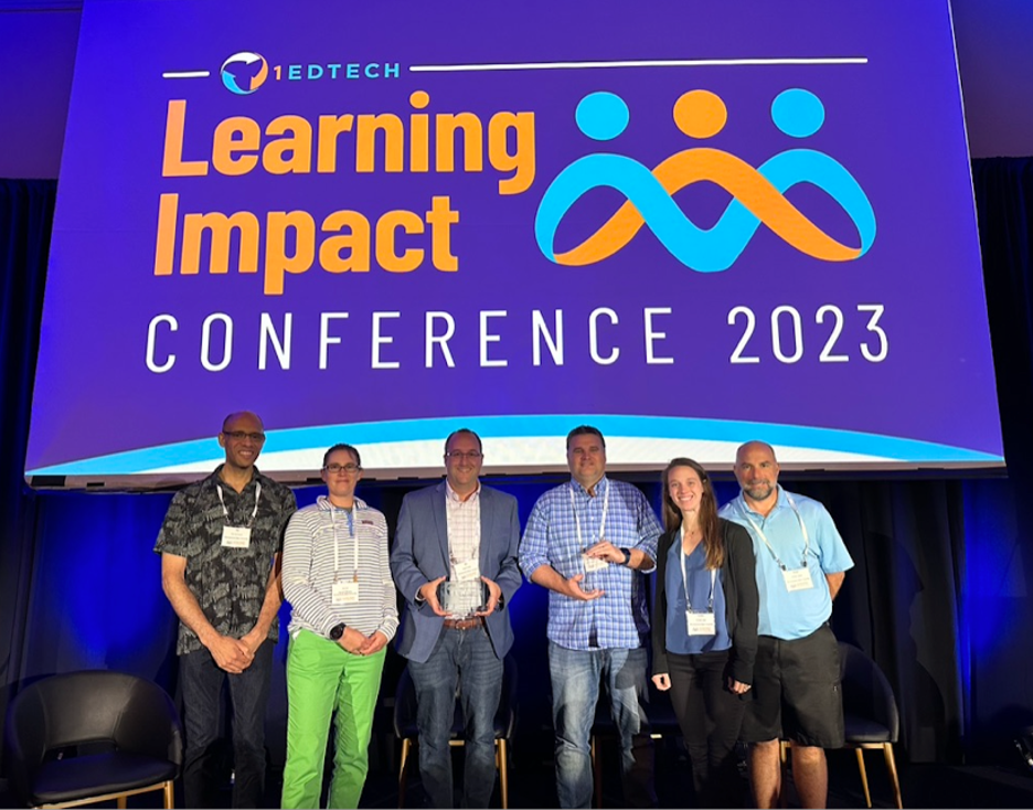 1edtech-awards Penn State IT staff (from left) Tim Summers, Hannah Williams, Ben Hellar, Andy Fisher, Kristen Lytle, and Shawn Geller accepted two awards from 1EdTech during the Learning Impact 2023 Conference in June in Anaheim, California.