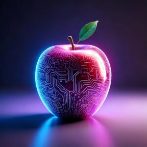 An apple lit futuristically with a glassy skin and circuitry lighting up from beneath
